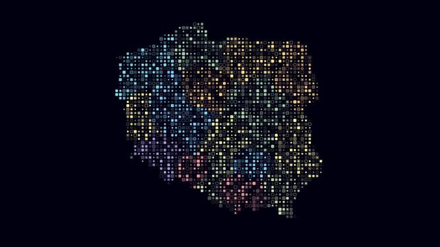 Poland map animation. Shape of the country with pulsating colored dots. Small size rounded square blocks. Digital style Poland map on dark background. Amazing video.
