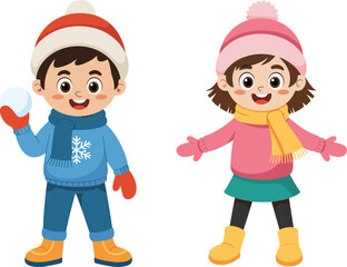 Happy kids playing in winter clothes, boy holding snowball, girl wearing pink hat, snowy fun, cold weather play, winter outdoor activity, cheerful children, snow day excitement, kids enjoying