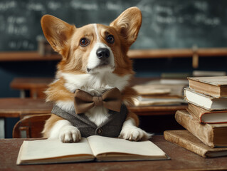 Corgi student at school sits at school desk