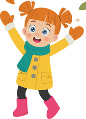 Happy little girl wearing yellow coat, pink boots, teal scarf, and orange mittens, playing joyfully outside in autumn with colorful falling leaves around.