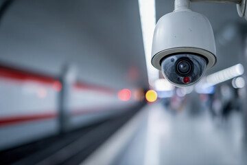 Surveillance camera monitoring a modern underground metro station platform with blurred train tracks and passengers in the background for public safety management