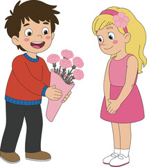 Cute boy giving pink flower bouquet to smiling girl in pink dress, romantic gesture, happy children, friendship, love, adorable kids, springtime, floral gift, sweet moment.