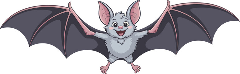 Cute cartoon bat with wings spread wide, happy expression, adorable animal character, night creature, isolated vector for kids design