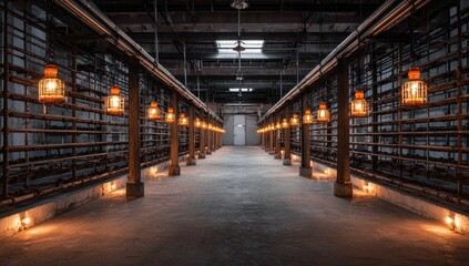 Long industrial hall lit by warm lamps