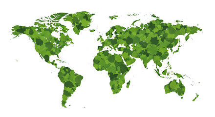 Vibrant green leaves form a stunning Earth map symbolizing global nature, ecology, and environmental conservation efforts worldwide.