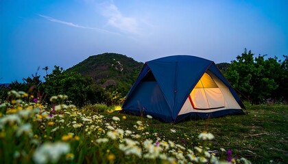 Camping tent at dusk, wildflowers