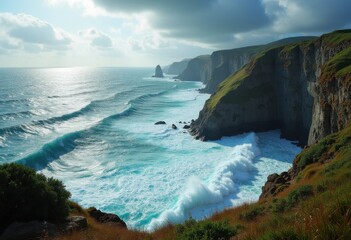 Obraz premium Dramatic Cliffs Crashing Ocean Waves Coastal Wilderness Power Nature Surging Tide Scenic Vista