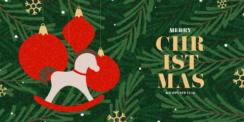 Modern Christmas and New Year banner. Trendy vector illustration with Christmas balls, horse toy, Christmas tree and typography design. New Year background for card, poster, cover, social media.