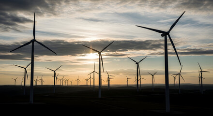 Fototapeta premium Stunning sunset silhouetting vast wind farm landscape conveying renewable energy future and environmental sustainability goals for a cleaner planet