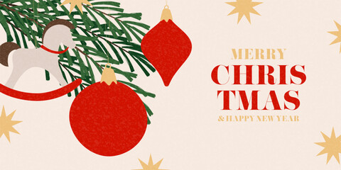 Holiday Christmas and New Year banner. Trendy vector illustration with Christmas balls, horse toy, Christmas tree and typography design. New Year background for card, poster, cover, social media.