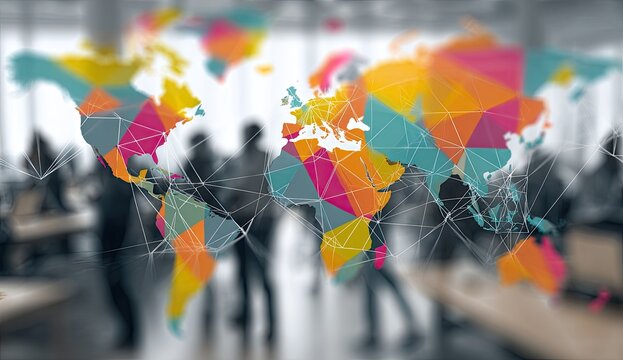 Global interconnectedness. Abstract world map overlaid on a blurred background of people