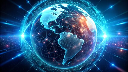 Fototapeta premium Dynamic digital globe connection network glowing with bright futuristic energy on dark cosmic background