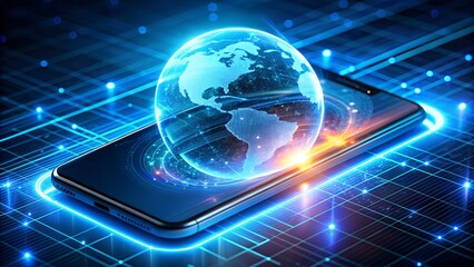 Global digital connection emerges from smartphone, symbolizing worldwide network and innovation.