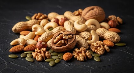 Obraz premium A pile of mixed nuts and seeds including walnuts, cashews, peanuts, almonds, and pumpkin seeds