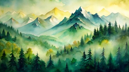 Watercolor painting of misty mountains and pine forest with golden sunlight illuminating the peaks