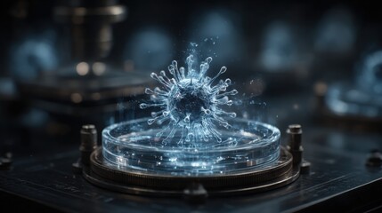Microscopic view of a virus illuminated inside a laboratory environment with advanced technology