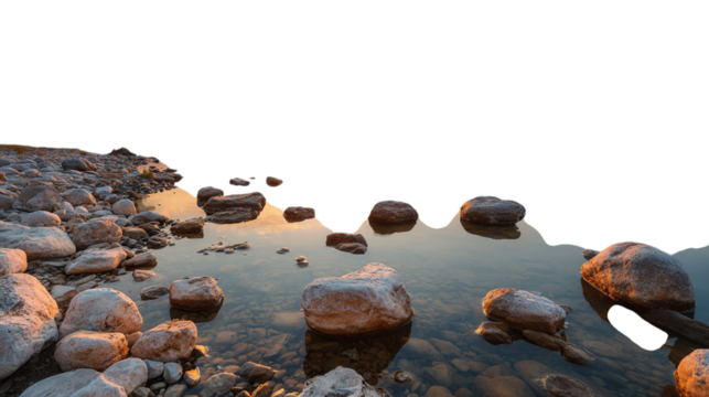 Sunrise over lake with stones reflecting in calm water, panoramic view isolated on transparent background 