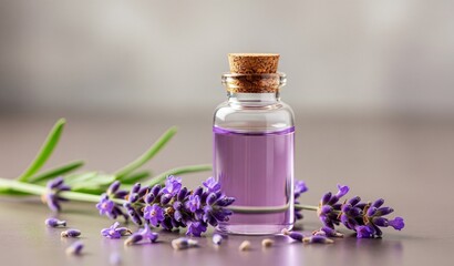 Eine kleine Glasflasche mit Lavendelöl