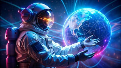 Astronaut holding glowing Earth, exploring cosmic digital network for future global connection