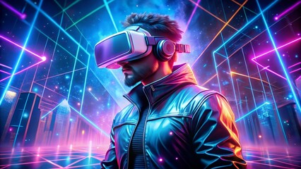 Man experiencing immersive virtual reality in a futuristic neon city landscape, digital world exploration