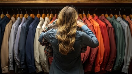 Woman choosing shirt from rack of colorful clothes in a clothing store