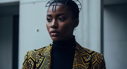 Portrait of a stunning Black woman in modern Ankara-style blazer, ideal for fashion blogs, cultural events, Black History Month, or diverse empowerment campaigns.