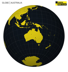 Vector Globe centered to Australia. Charcoal Bright Yellow palette. World map with meridians, parallels, countries, rivers and lakes. Authentic vector illustration.