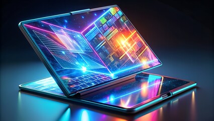Futuristic foldable device displays vibrant digital data streams with glowing neon lights, sparking innovation.