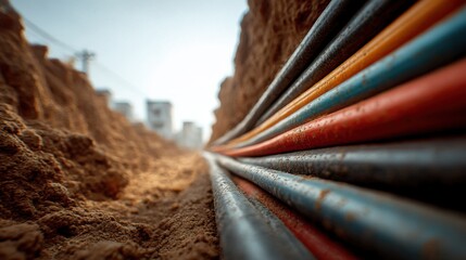 Utility cables buried in a trench at a construction site in an urban area during daylight hours