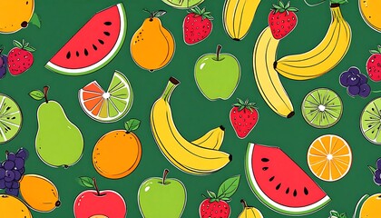 Colorful fruit pattern on a green background