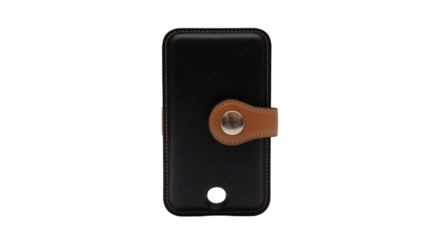 Elegant black leather phone case with brown accent flap and silver snap