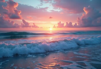 vibrant horizon color palette tranquil ocean waves seascape serenity reflection magic, landscape, water, evening, dusk, light, view, shore, clouds, beach