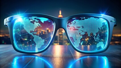Futuristic augmented reality glasses display glowing world map over city skyline at night
