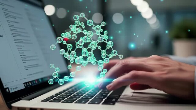 Molecular structure hologram above laptop keyboard, hands typing, chemistry research visualization, biotechnology innovation, pharmaceutical development, scientific discovery, digital medicine concept - Powered by Adobe