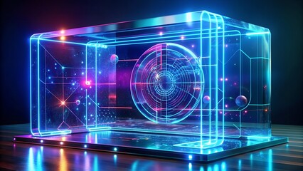 Futuristic holographic display showcasing complex data streams and celestial navigation in vibrant neon.