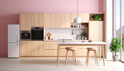 A blush-toned culinary retreat&mdash;where retro charm meets natural warmth in a sunlit symphony of style and function.