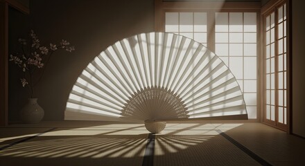 Elegant Cream Hand Fan Casting Shadows in Japanese Room
