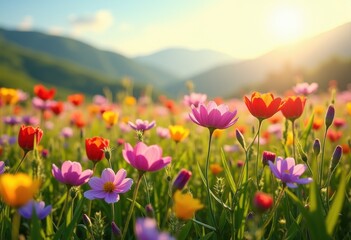 Fototapeta premium Vibrant Wildflower Meadow Blooming with Colorful Flowers in Springtime Nature Landscape