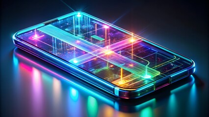 Futuristic smartphone glows with vibrant neon circuit board display, symbolizing digital innovation and connectivity