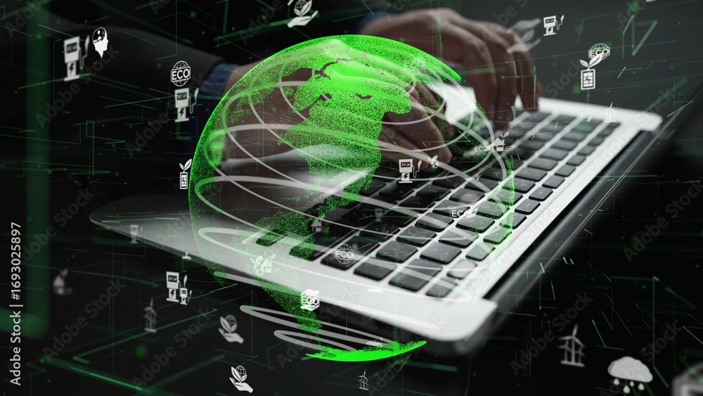 Poster a person types on a laptop keyboard surrounded by a digital globe and various icons symbolizing tech