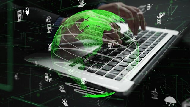A person types on a laptop keyboard surrounded by a digital globe and various icons symbolizing technology and global connectivity in a modern workspace. Xenic