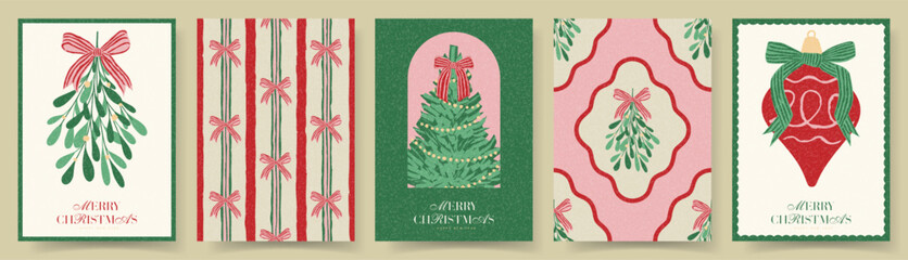 Trendy Christmas and New Year cards. Retro Christmas posters with bows, ball, fir-tree, mistletoe and typography design. Contemporary minimalist New Year flyers for branding, cover, social media