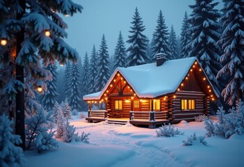 Naklejka premium Winter Holidays Magical Landscape Snowflakes Cozy Cabin Christmas Lights Pine Trees Warmth Celebration