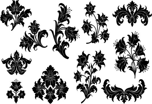 Set of black and white flower vector siluette ornaments, black and white gand drawing floral vector set
