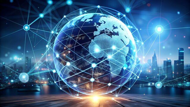 Futuristic digital globe with glowing network connections over a vibrant city skyline at night