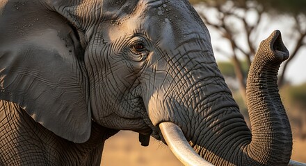 Fototapeta premium Close up of an African elephant with tusks and raised trunk.