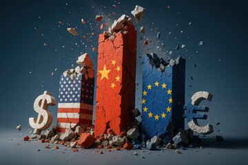 Global Economic Instability: A striking illustration depicts the crumbling economic pillars of the United States, China, and Europe, symbolizing uncertainty, disruption, and financial distress