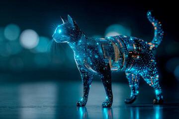 Futuristic digital cat sculpture with glowing circuit patterns