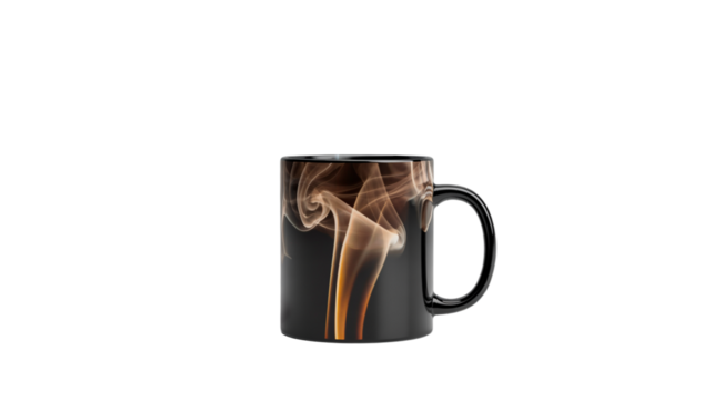 Captivating coffee steam swirls gracefully from a modern black mug