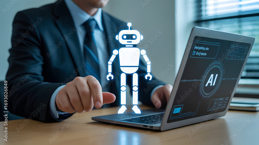 Fototapete ai-powered professional: a man in a suit meticulously working with ai. a close-up of the futuristic 